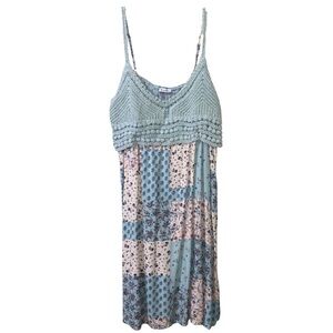 Love, Fire Crochet Detail Patchwork Dress in Blue and Cream
